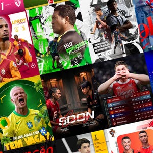 May include: A collage of soccer-themed graphics. Includes images of players, team logos, and text such as "FELIZ ANIVERSARIO" and "SOON". The Premier League standings are also displayed, with team names and stats.