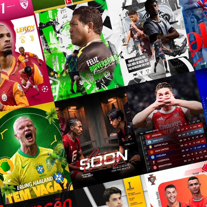 May include: A collage of soccer-themed graphics. Includes images of players, team logos, and text such as "FELIZ ANIVERSARIO" and "SOON". The Premier League standings are also displayed, with team names and stats.