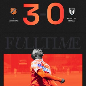 May include: A sports graphic displays the final score of a soccer match: 3-0. The teams are FC Volendam and Heracles Armelo. The word "FULLTIME" is at the bottom of the image. A player in an orange jersey celebrates in the lower portion of the image.