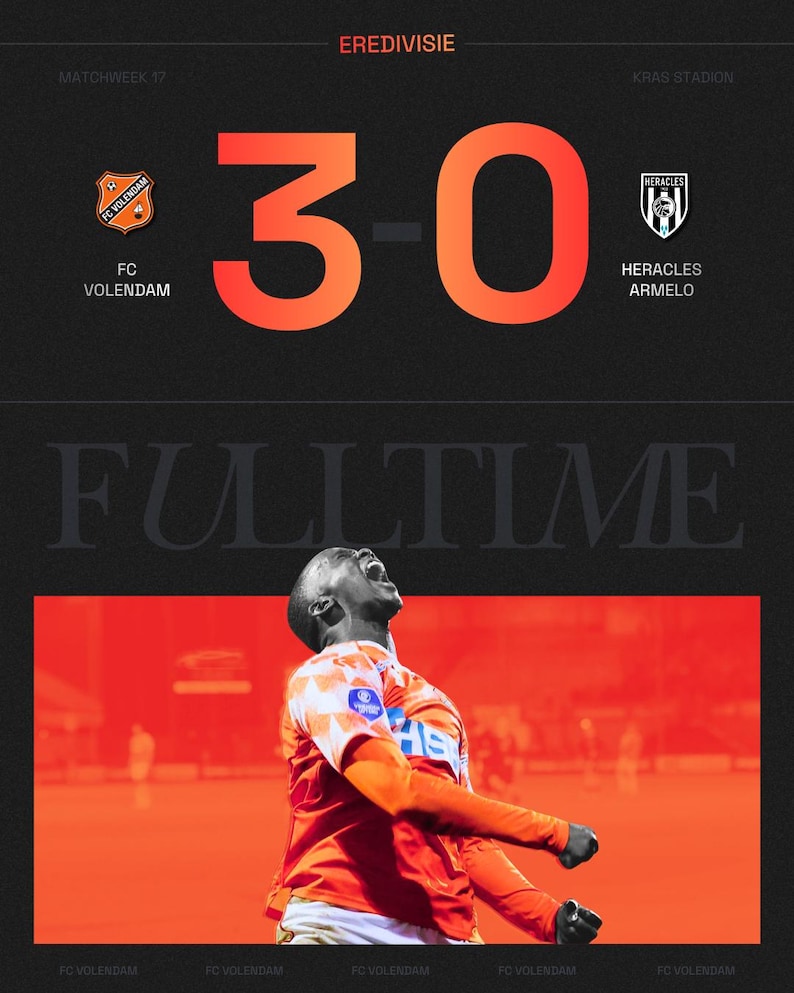 May include: A sports graphic displays the final score of a soccer match: 3-0. The teams are FC Volendam and Heracles Armelo. The word "FULLTIME" is at the bottom of the image. A player in an orange jersey celebrates in the lower portion of the image.