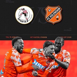 May include: A sports graphic for a soccer match between Sparta Rotterdam and FC Volendam. The image features team logos, the date, and a photo of celebrating players in orange jerseys. The text includes "KNVB BEKER" and "Matchday".