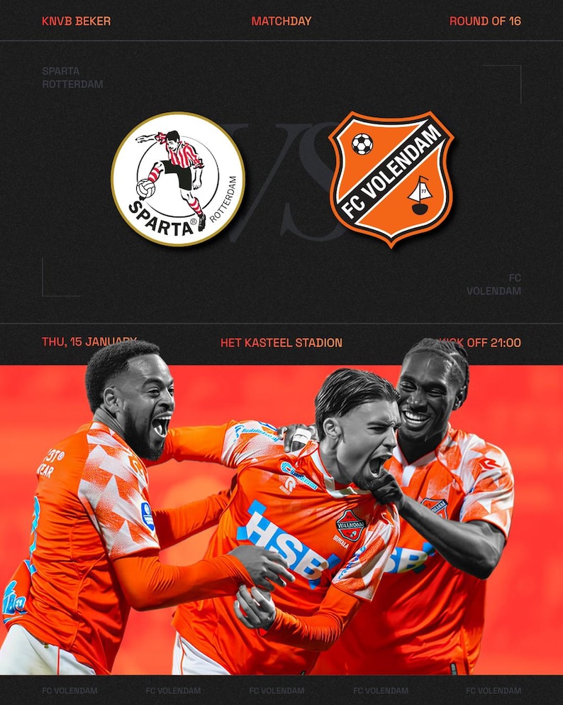 May include: A sports graphic for a soccer match between Sparta Rotterdam and FC Volendam. The image features team logos, the date, and a photo of celebrating players in orange jerseys. The text includes "KNVB BEKER" and "Matchday".