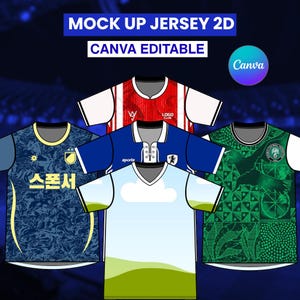 Może przedstawiać: Grafika prezentująca pięć różnych projektów koszulek typu mock-up. Koszulki mają różne kolory, wzory i logo, w tym czerwono-biały design, niebiesko-biały design i zielono-biały design. Obraz zawiera tekst "MOCK UP JERSEY 2D" i "CANVA EDITABLE."