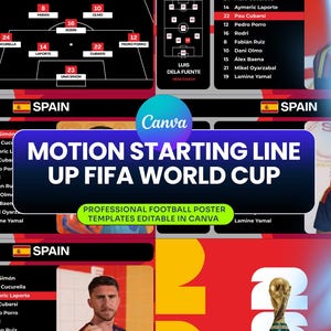 Puede incluir: Una plantilla gráfica digital para una alineación de fútbol con el texto MOTION STARTING LINE UP FIFA WORLD CUP y PROFESSIONAL FOOTBALL POSTER TEMPLATES EDITABLE IN CANVA. Muestra nombres de jugadores, dorsales y formaciones.