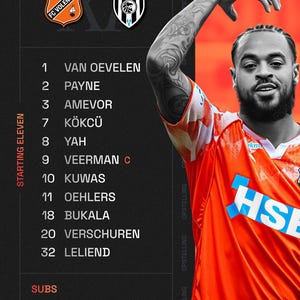 May include: A promotional graphic for a soccer match between FC Volendam and Heracles. The image features team logos, player names, and numbers. An athlete in an orange jersey is also visible. The text includes "Starting Eleven" and "Subs."