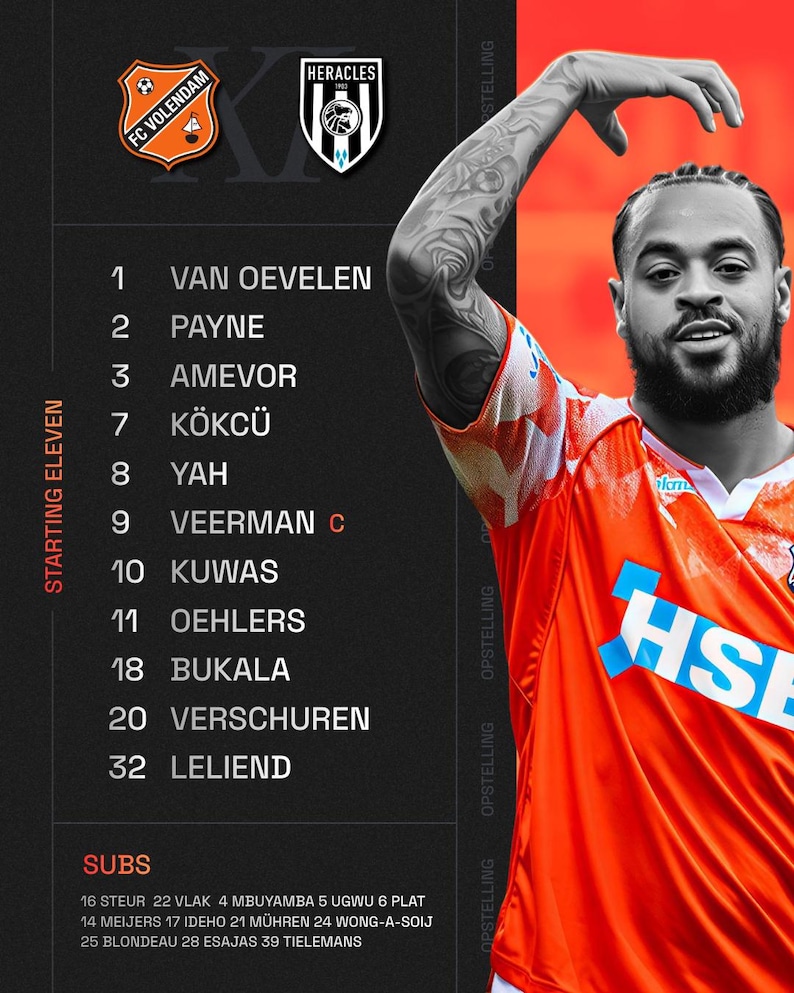May include: A promotional graphic for a soccer match between FC Volendam and Heracles. The image features team logos, player names, and numbers. An athlete in an orange jersey is also visible. The text includes "Starting Eleven" and "Subs."