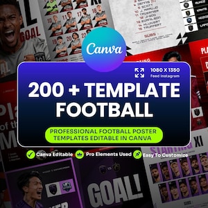 Pode incluir: Uma coleção digital de mais de 200 modelos de cartazes de futebol com vários layouts para escalações, perfis de jogadores e destaques de partidas. O gráfico inclui o texto 200 + TEMPLATE FOOTBALL e 1080 X 1350 Feed Instagram.