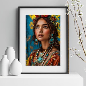 Retrato de mujer bohemio para pared: arte digital imprimible con glamour étnico y decoración floral colorida