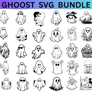 May include: Black and white SVG bundle featuring various ghost designs. The ghosts are depicted in different styles, some wearing hats, sunglasses, or holding objects. The text "GHOOST SVG BUNDLE" is at the top.