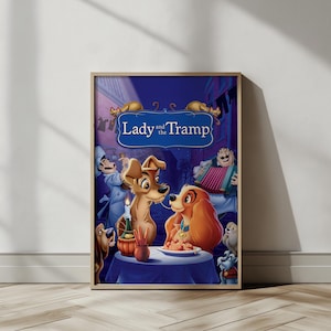 Romantic Dog Dinner Poster  Charming Classic Animated Love Story Canvas Art for Pet Lovers  Vintage Film Enthusiasts
