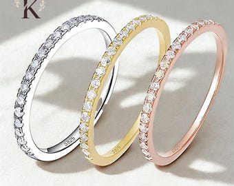 Dainty Diamond Stacking Ring – Delicate Eternity Band in Silver, Gold, or Rose Gold – Stackable Eternity Ring for Her