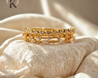 Diamond Stacking Ring Set – Minimalist Crystal Jewelry in 18K Gold or Sterling Silver – Set of 3 Dainty Gemstone Rings | Gift for Her