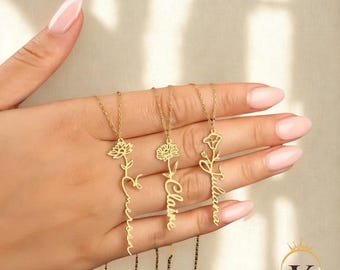 Personalized Birth Month Flower with Engraved Name Necklace – Floral Vertical Necklace in Gold or Silver for Women & Girls