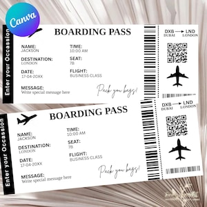 May include: A printable boarding pass template with a black and white design. The template includes fields for name, destination, date, time, seat, flight, and a message. The text "Pack you bags!" is written in cursive at the bottom of the template.