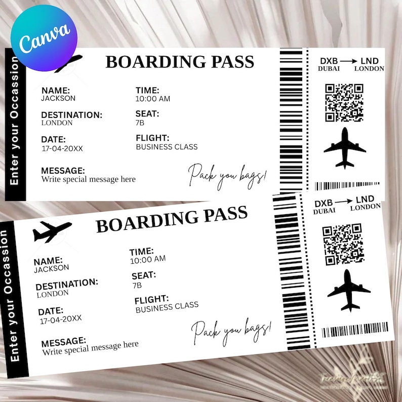 May include: A printable boarding pass template with a black and white design. The template includes fields for name, destination, date, time, seat, flight, and a message. The text "Pack you bags!" is written in cursive at the bottom of the template.
