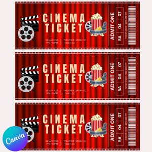 May include: Three red cinema ticket stubs with a movie reel, popcorn, and the text "CINEMA TICKET" on each. The tickets have the date "18 MAY 2025", time "7PM-10PM", and the text "ADMIT ONE" on the right side.