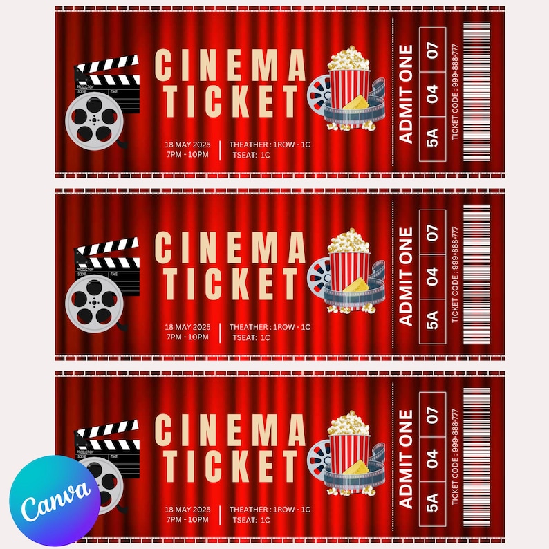 May include: Three red cinema ticket stubs with a movie reel, popcorn, and the text "CINEMA TICKET" on each. The tickets have the date "18 MAY 2025", time "7PM-10PM", and the text "ADMIT ONE" on the right side.