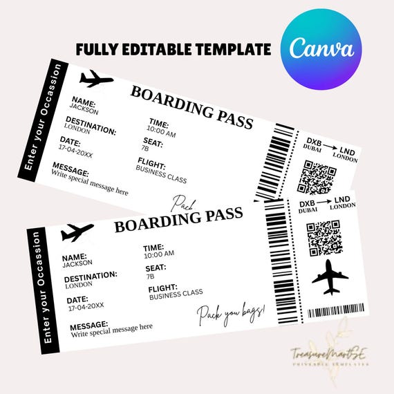 Editable Boarding Pass Template, Printable Plane Ticket, Personalized Travel Gift, Digital Download
