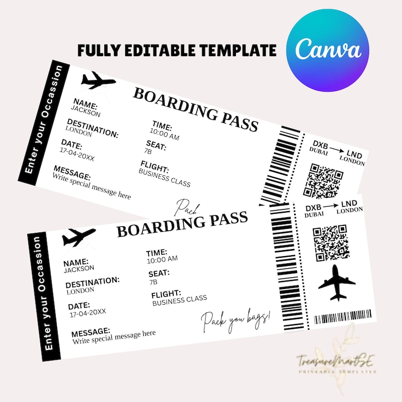 May include: An editable template for a boarding pass featuring a black aeroplane icon, the text "Boarding Pass", and the words "Pack you bags!" in cursive. The template includes fields for name, destination, date, time, seat, and flight. The text "Enter your Occasion" is written vertically on the left side of the template.