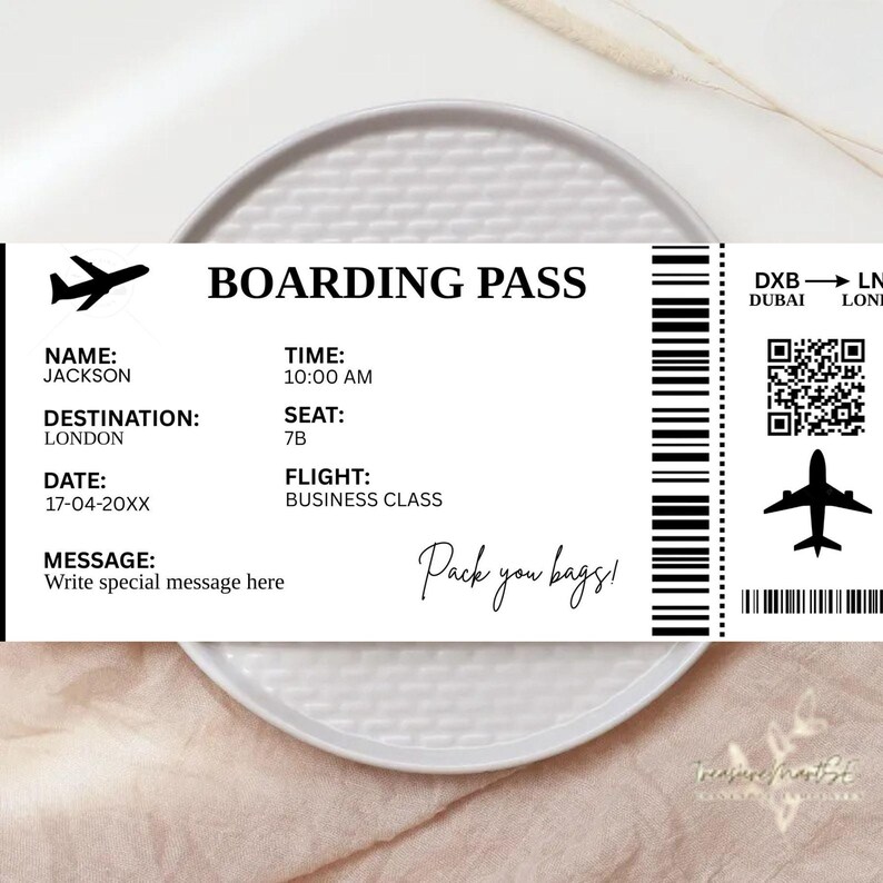 May include: A black and white boarding pass with the text "BOARDING PASS" and "Pack you bags!" The pass is for a flight from Dubai to London. The flight is in business class. The date of the flight is 17-04-20XX. The time of the flight is 10:00 AM. The seat number is 7B. The name of the passenger is Jackson.