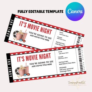 Może przedstawiać: Dwa drukowalne szablony biletów do kina z czerwonymi i białymi kropkami. Bilety mówią "It's Movie Night" i mają kreskówkową grafikę popcornu, napoju i okularów 3D. Tekst na biletach mówi "You're going to see add movie title here".