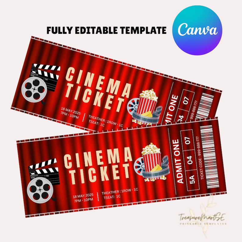 May include: Two red and white cinema ticket templates with a red curtain background. The tickets have a film reel, popcorn, and the text "Cinema Ticket". The text on the tickets reads "18 May 2025, 7PM-10PM, THEATHER: 1ROW-1C, TSEAT: 1C, ADMIT ONE, 5A 04 07, TICKET CODE: 999-888-777".