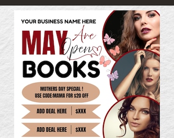 Mai-Buchungsflyer, Frühlings-Buchungsflyer, Mai-Flyer, Canva-Vorlage, Jetzt Buchen Termine, Schönheit, Wimpern, Make up, Nägel Flyer