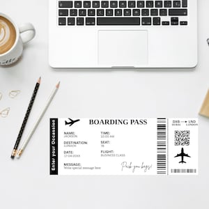 May include: A black and white boarding pass with a plane icon, barcode, and QR code. The text on the pass reads "Boarding Pass", "Name: Jackson", "Destination: London", "Date: 17-04-20XX", "Time: 10:00 AM", "Seat: 7B", "Flight: Business Class", "Message: Write special message here", "DXB - LND", "Dubai - London", and "Pack you bags!"
