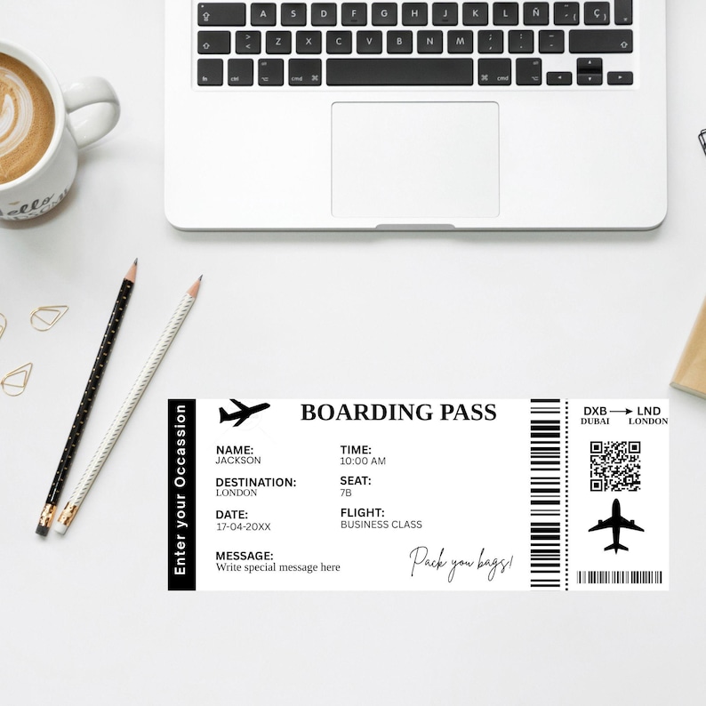May include: A black and white boarding pass with a plane icon, barcode, and QR code. The text on the pass reads "Boarding Pass", "Name: Jackson", "Destination: London", "Date: 17-04-20XX", "Time: 10:00 AM", "Seat: 7B", "Flight: Business Class", "Message: Write special message here", "DXB - LND", "Dubai - London", and "Pack you bags!"