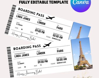 Plantilla de tarjeta de embarque editable, billete de avión personalizado imprimible, tarjeta de embarque de Canva, billete de embarque DIY de descarga digital