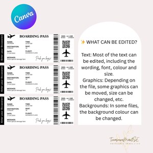 May include: Three black and white boarding pass templates with the text "BOARDING PASS" and "DXB - LND DUBAI LONDON" with a QR code and a small airplane graphic. The text "WHAT CAN BE EDITED?" is in the top right corner of the image. The text below explains that most of the text can be edited, including the wording, font, colour and size. The text also explains that some graphics can be moved, resized, or changed. The text also explains that the background colour can be changed in some files.