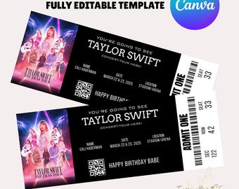 Plantilla de boletos de concierto editables, regalo de boletos de concierto personalizados, boletos de evento hechos a mano, idea de regalo de boletos de concierto imprimibles sorpresa, plantilla de Canva