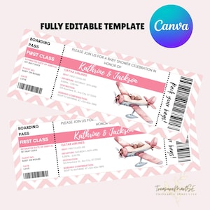 Airplane Ticket Baby Shower Invitation Girl Printable Baby Shower Boarding Pass Pink Editable Plane Ticket Invitation Travel Baby