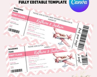 Airplane Ticket Baby Shower Invitation Girl Printable Baby Shower Boarding Pass Pink Editable Plane Ticket Invitation Travel Baby