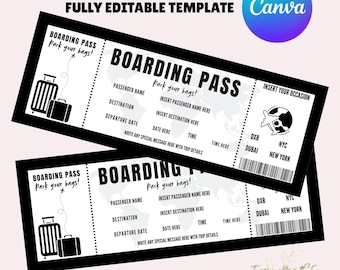 Editable Boarding Pass Template, Printable Plane Ticket, Personalized Travel Gift, Digital Download