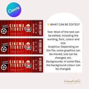May include: Three red and white cinema ticket templates with the text "Cinema Ticket" and "Admit One". The text "What can be edited?" is on the right side of the image. The text explains that most of the text can be edited, including the wording, font, color, and size. It also explains that some graphics can be moved, resized, or changed. The background color can be changed in some files.