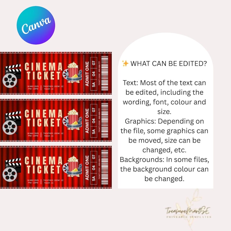 May include: Three red and white cinema ticket templates with the text "Cinema Ticket" and "Admit One". The text "What can be edited?" is on the right side of the image. The text explains that most of the text can be edited, including the wording, font, color, and size. It also explains that some graphics can be moved, resized, or changed. The background color can be changed in some files.
