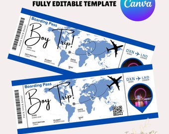 Plantilla de tarjeta de embarque editable, billete de avión personalizado imprimible, tarjeta de embarque de Canva, billete de embarque DIY de descarga digital