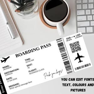 May include: A printable boarding pass template with a black and white design. The template includes a barcode, a QR code, and the text "BOARDING PASS", "DXB DUBAI", "LND LONDON", "TIME: 10:00 AM", "SEAT: 7B", "NAME: JACKSON", "DESTINATION: LONDON", "DATE: 17-04-20XX", "FLIGHT: BUSINESS CLASS", "Pack you bags!" and "YOU CAN EDIT FONTS TEXT, COLOURS AND PICTURES".