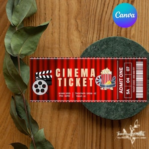 May include: A red and white cinema ticket with a film reel, popcorn, and the text "CINEMA TICKET" and "ADMIT ONE".