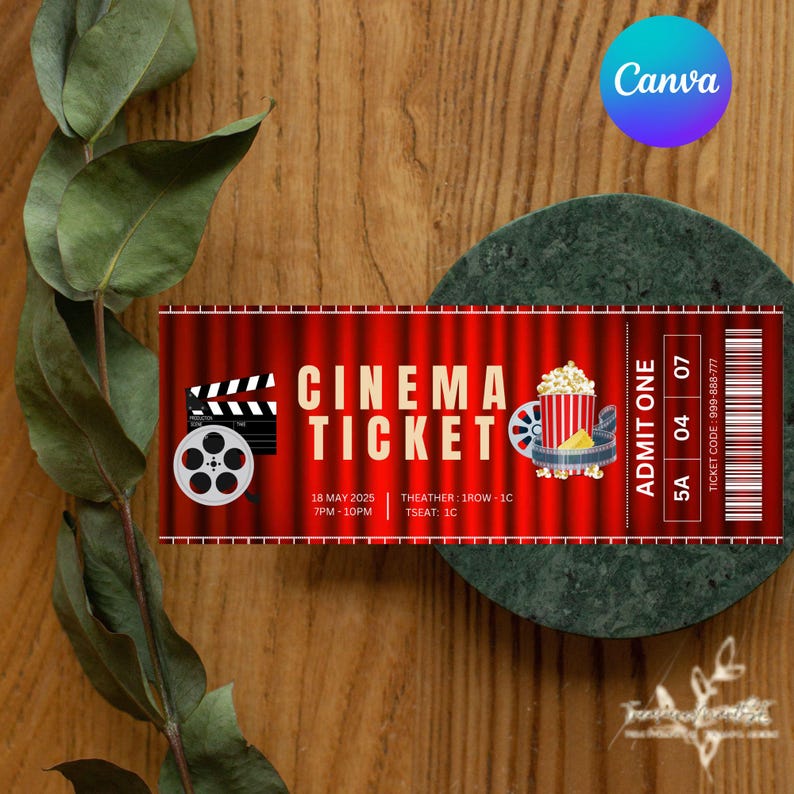 May include: A red and white cinema ticket with a film reel, popcorn, and the text "CINEMA TICKET" and "ADMIT ONE".
