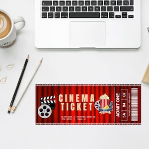 May include: A red and gold cinema ticket with a movie clapperboard, popcorn, and film reel. The ticket says "Cinema Ticket" and has the date "18 May 2025" and times "7PM-10PM".