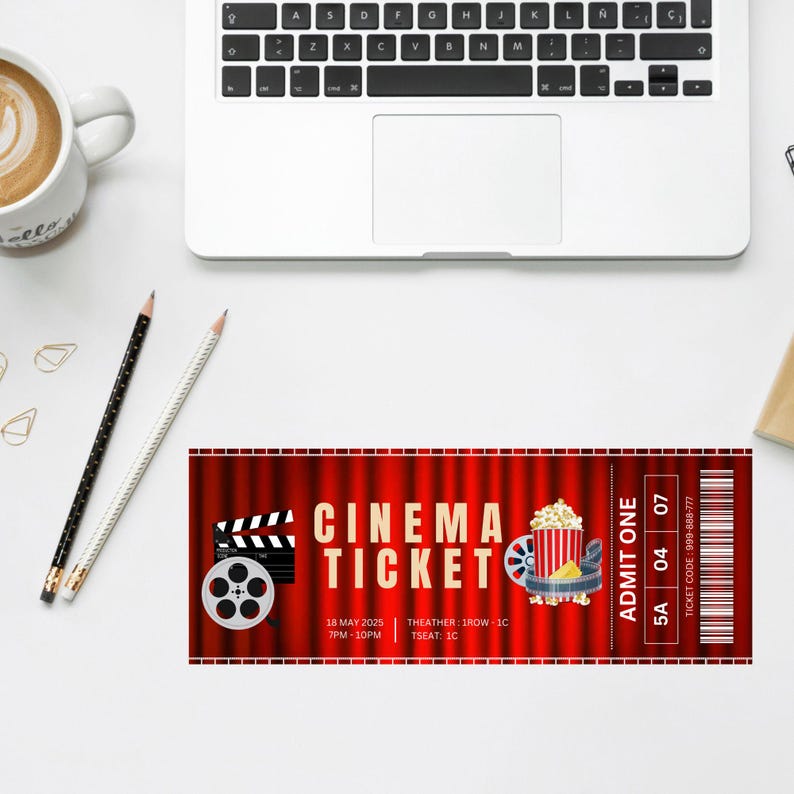 May include: A red and gold cinema ticket with a movie clapperboard, popcorn, and film reel. The ticket says "Cinema Ticket" and has the date "18 May 2025" and times "7PM-10PM".
