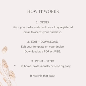 May include: Instructions on how to order, edit, print, and send a digital template.  The text reads: "How it works. 1. Order. Place your order and check your Etsy registered email to access your purchase. 2. Edit + Download. Edit your template on your device. Download as a PDF or JPEG. 3. Print + Send. at home, professionally or send digitally. It really is that easy!"