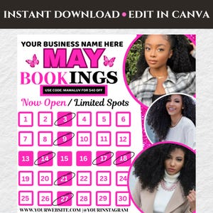 Editable May Bookings flyer, New bookings flyer, book now flyer, appointments, appointment flyer, Canva template