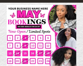 Editable May Bookings flyer, New bookings flyer, book now flyer, appointments, appointment flyer, Canva template