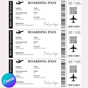 May include: Three black and white boarding passes with the text "BOARDING PASS" at the top. The passes have the following information: Name: JACKSON, Destination: LONDON, Date: 17-04-20XX, Time: 10:00 AM, Seat: 7B, Flight: BUSINESS CLASS. Each pass also has a QR code and a small airplane icon.