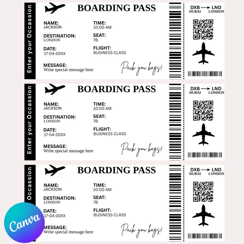Editable Boarding Pass Template Printable Plane Ticket Personalized