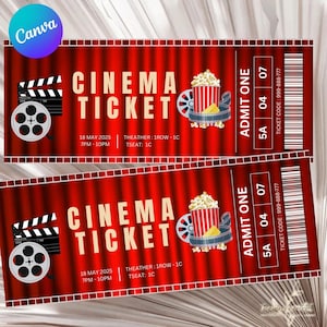 May include: Two red and white cinema tickets with a red curtain background. The tickets have a film reel, a clapperboard, and a bucket of popcorn on them. The text on the tickets reads "Cinema Ticket" and includes the date, time, and seat number. The text on the tickets also reads "Admit One" and includes a ticket code.