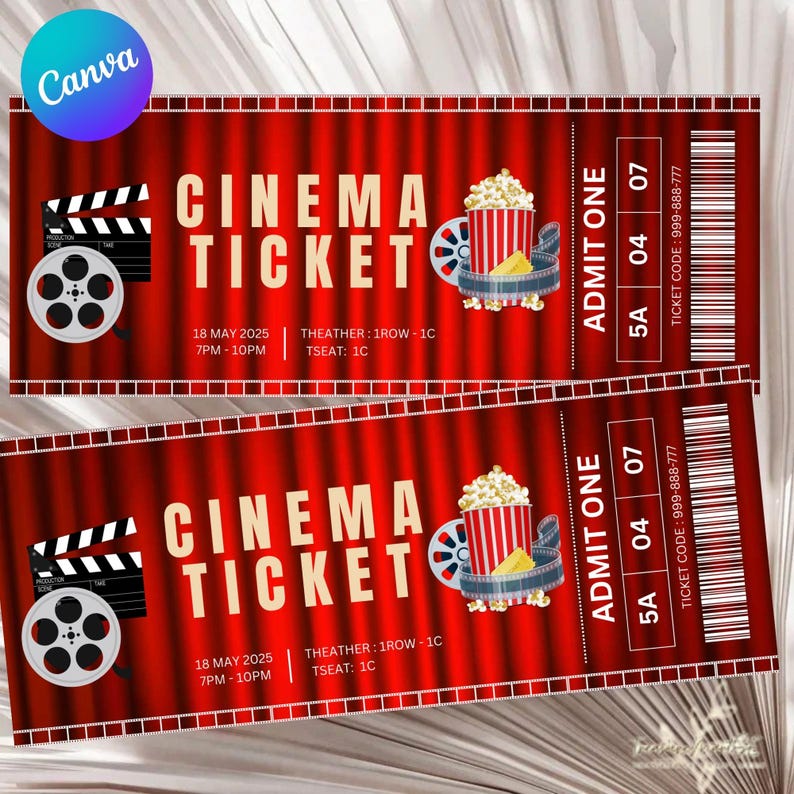 May include: Two red and white cinema tickets with a red curtain background. The tickets have a film reel, a clapperboard, and a bucket of popcorn on them. The text on the tickets reads "Cinema Ticket" and includes the date, time, and seat number. The text on the tickets also reads "Admit One" and includes a ticket code.